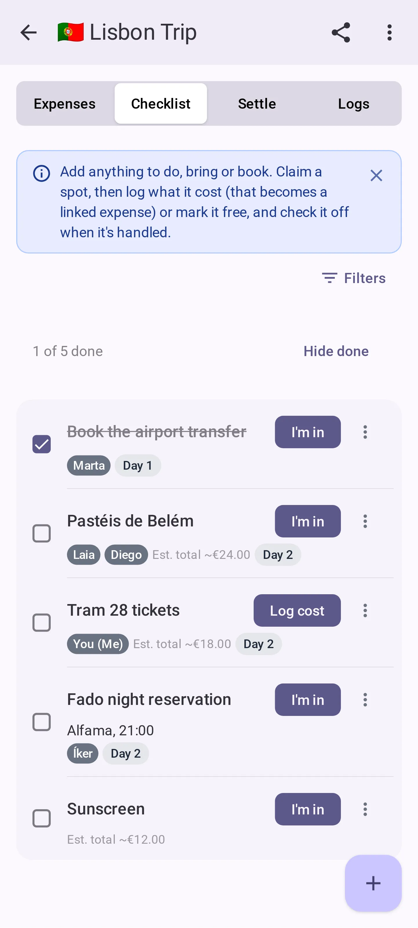 The checklist: the airport transfer, Pastéis de Belém, tram tickets and a fado night, each with who is in and an estimated cost