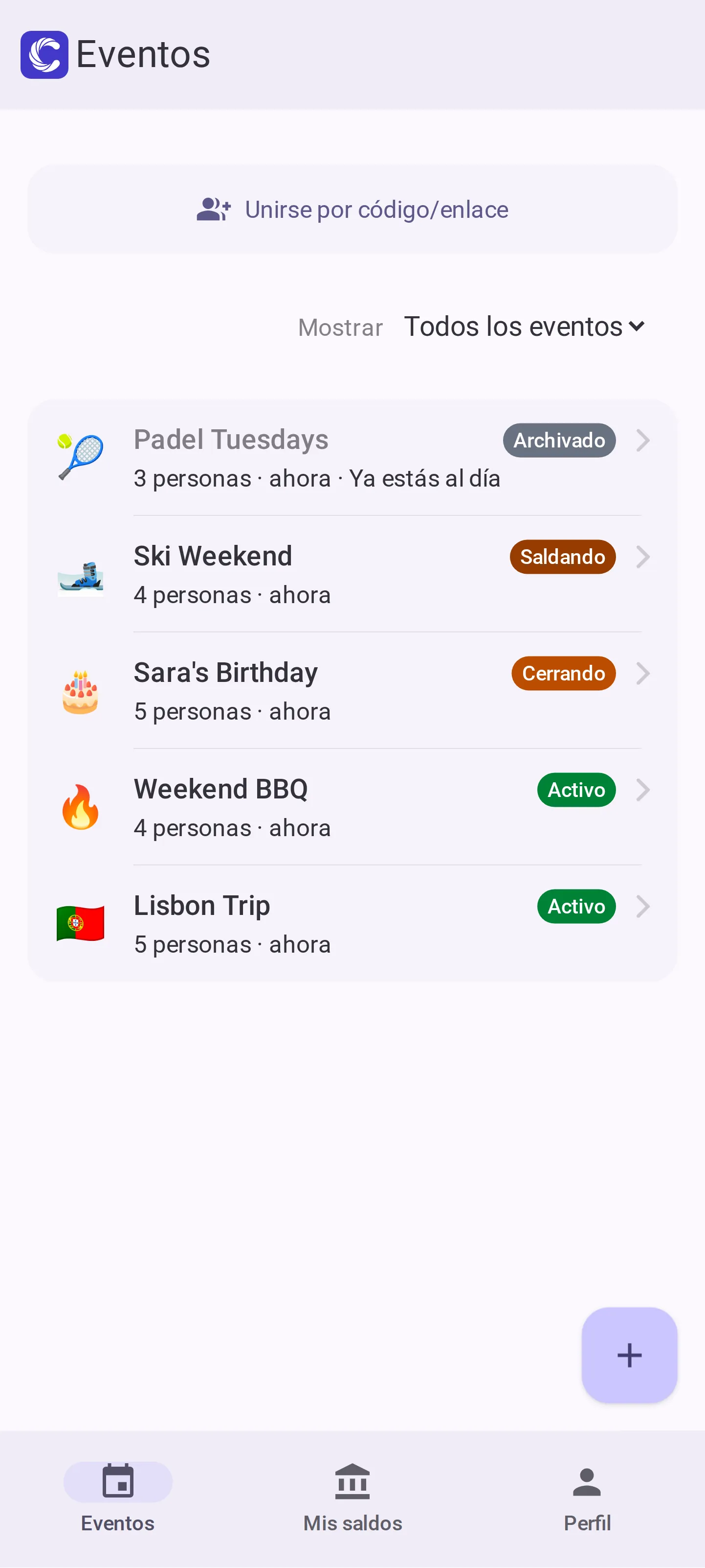 La lista de eventos, cada uno con su fase: activo, cerrando, saldando o archivado
