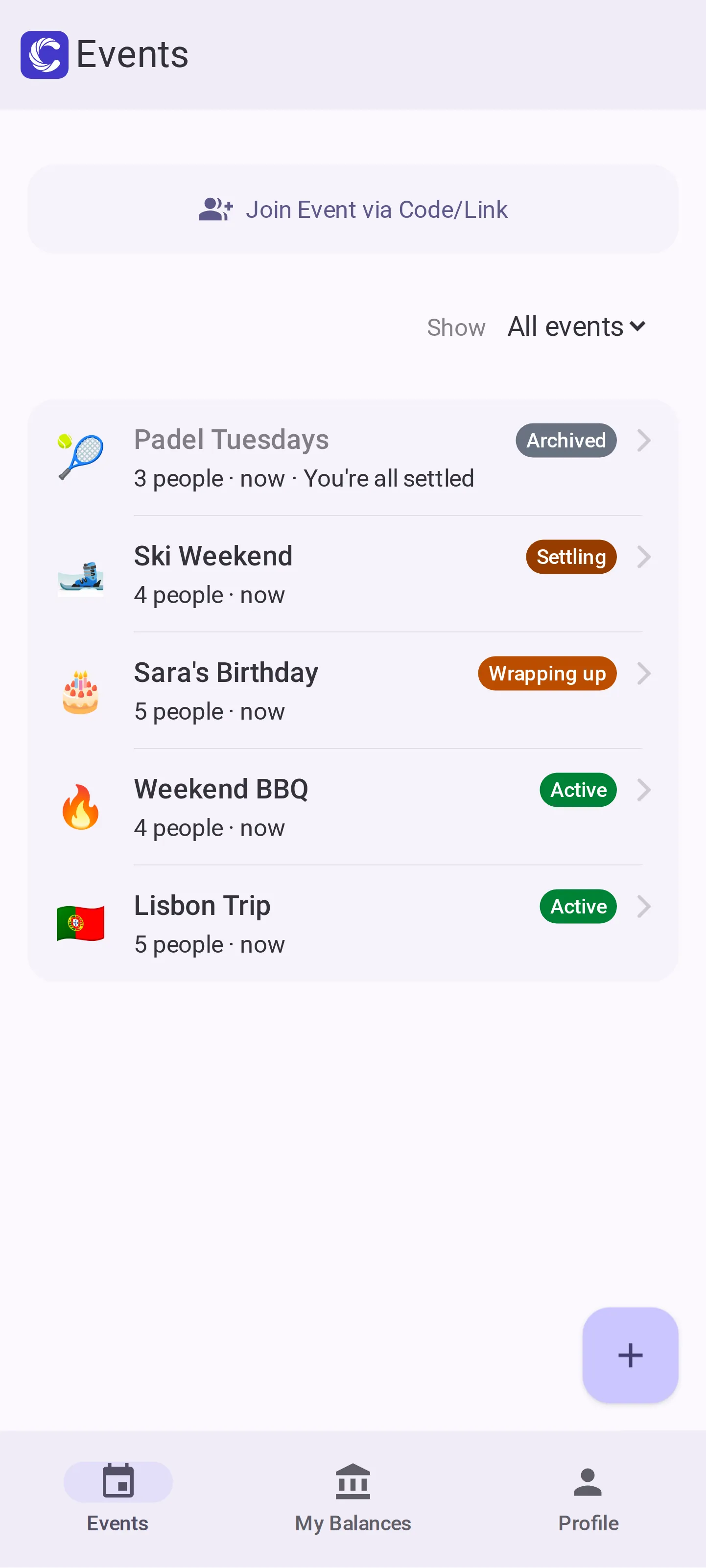 The events list, with each event marked Active, Wrapping up, Settling or Archived